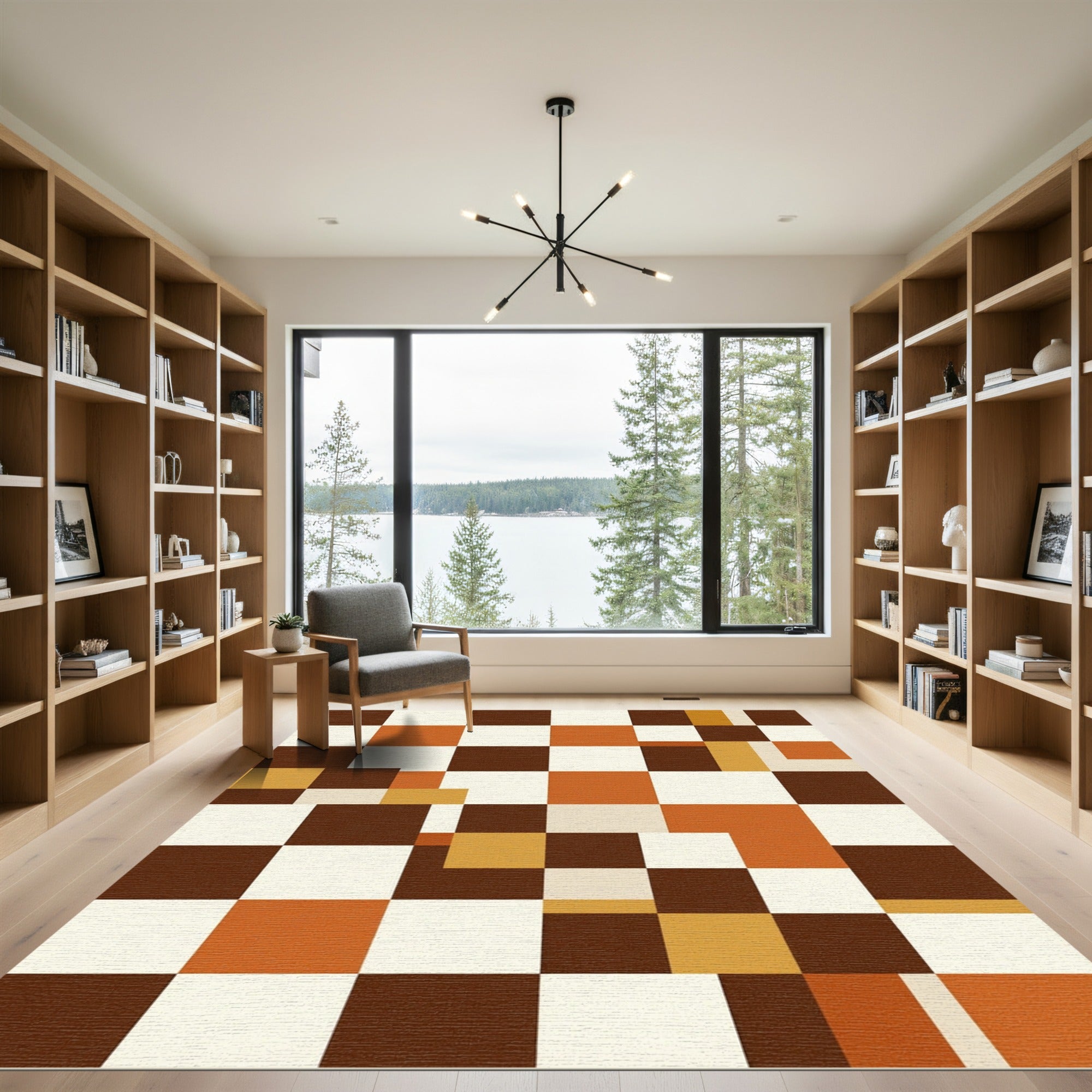 Retro Brown White Orange Checkered Squares Rug