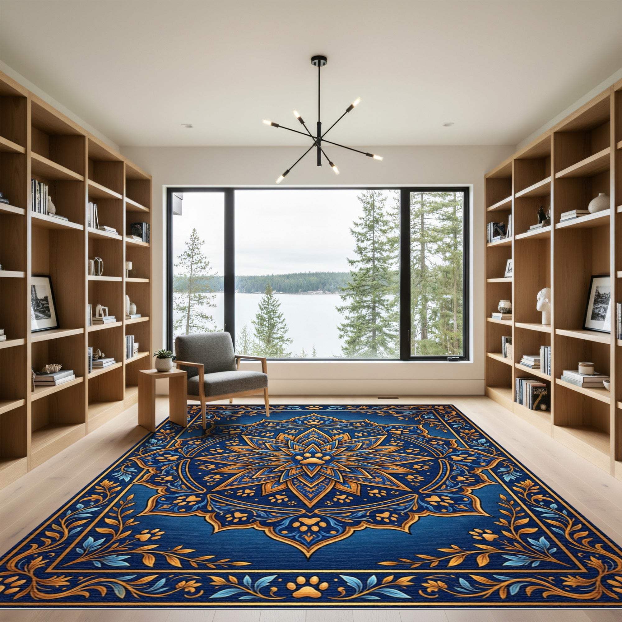 Golden Paw Medallion Navy Floral Art Rug