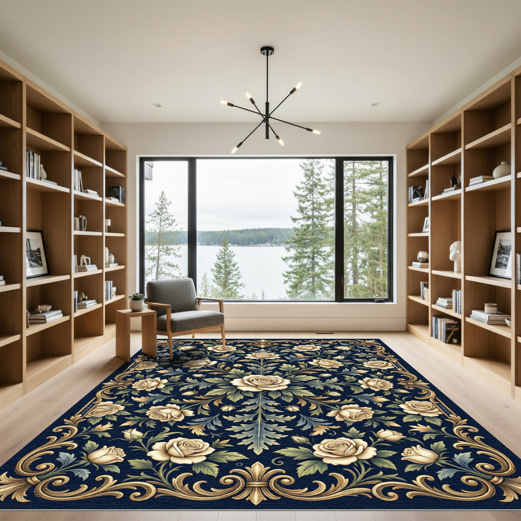 Elegant Cream Rose Gold Floral Tapestry Rug