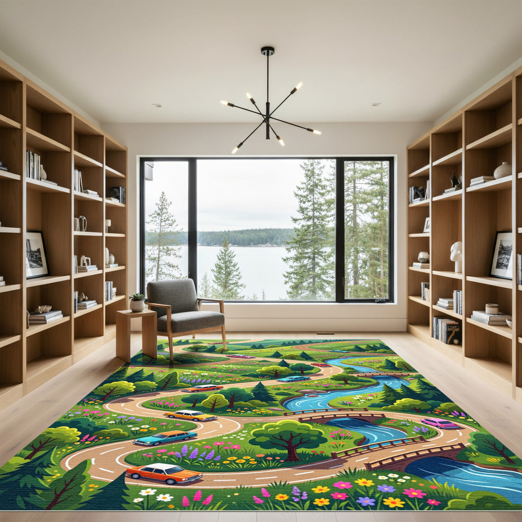 Whimsical Winding Road Forest Landscape Rug