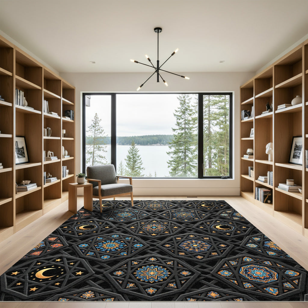 Celestial Gold Crescent Star Geometric Rug