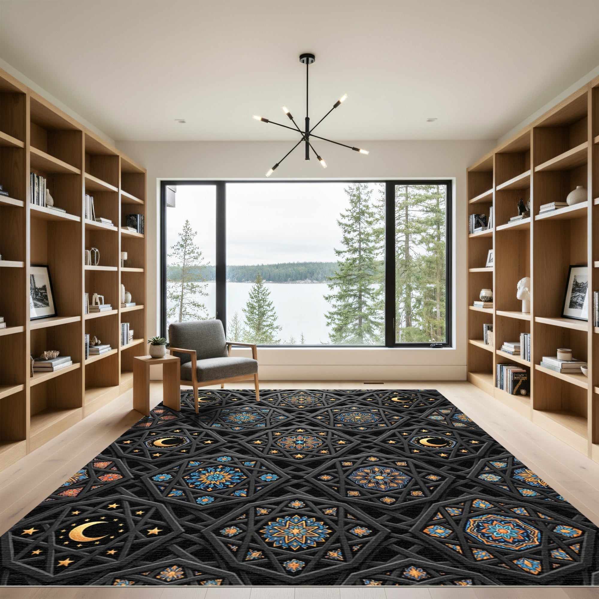 Celestial Gold Crescent Star Geometric Rug