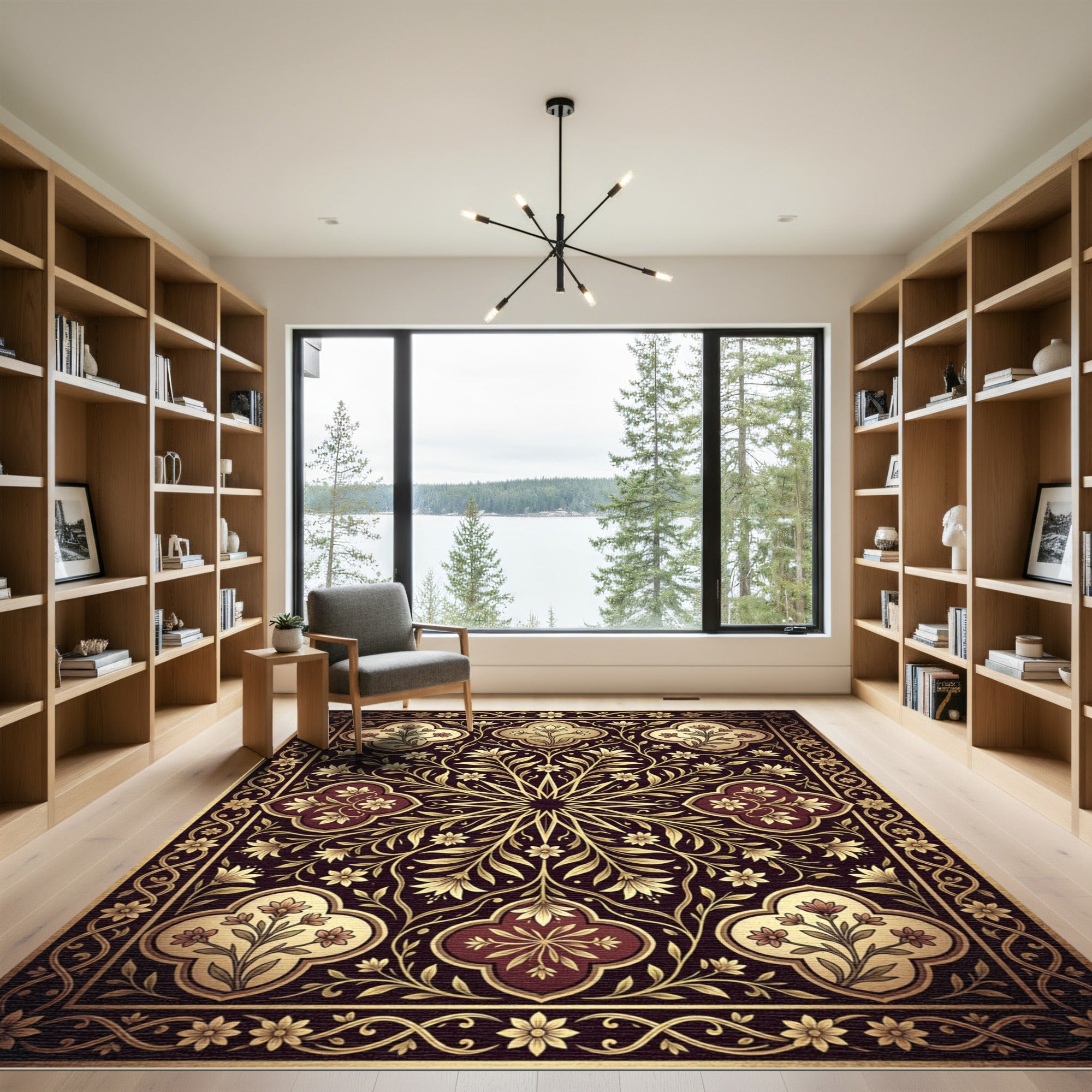 Gold Floral Medallion Burgundy Tapestry Rug