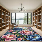 Vibrant Blue and Pink Peony Bloom Rug