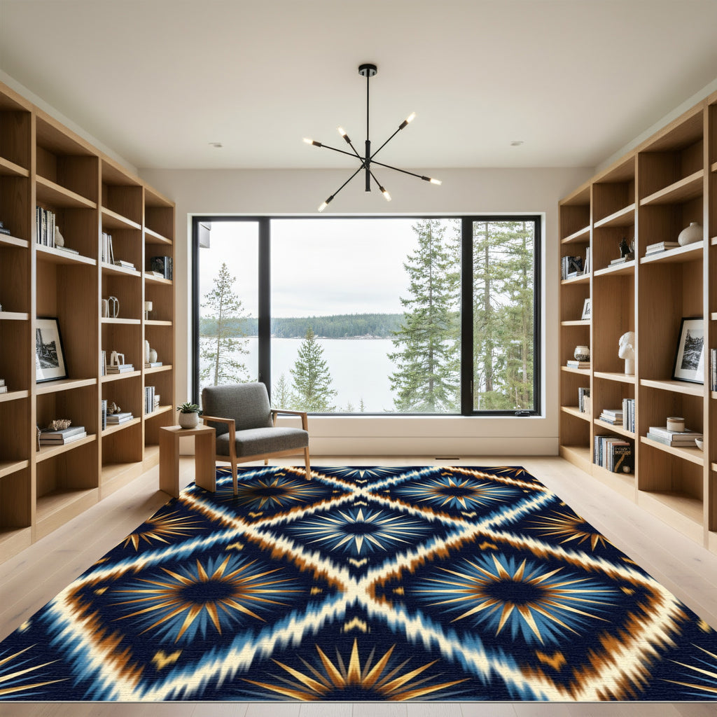 Midnight Ikat Sunburst Geometric Diamond Rug
