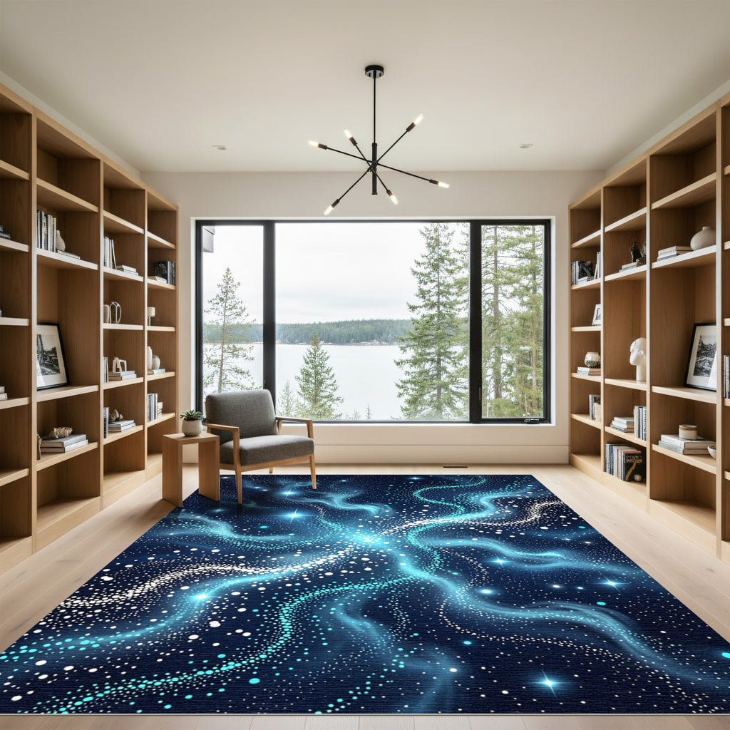 Celestial Blue Swirling Nebula Stars Rug