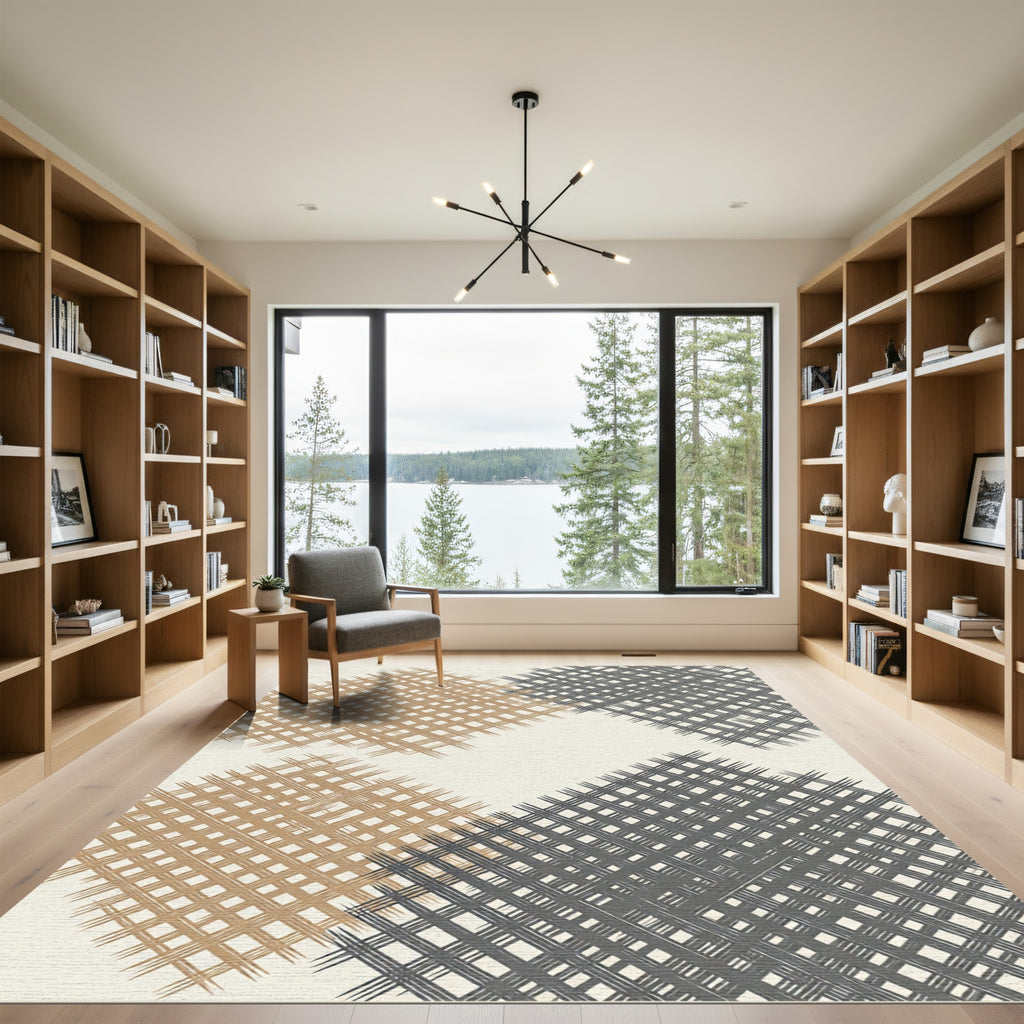 Taupe and Charcoal Geometric Grid Rug