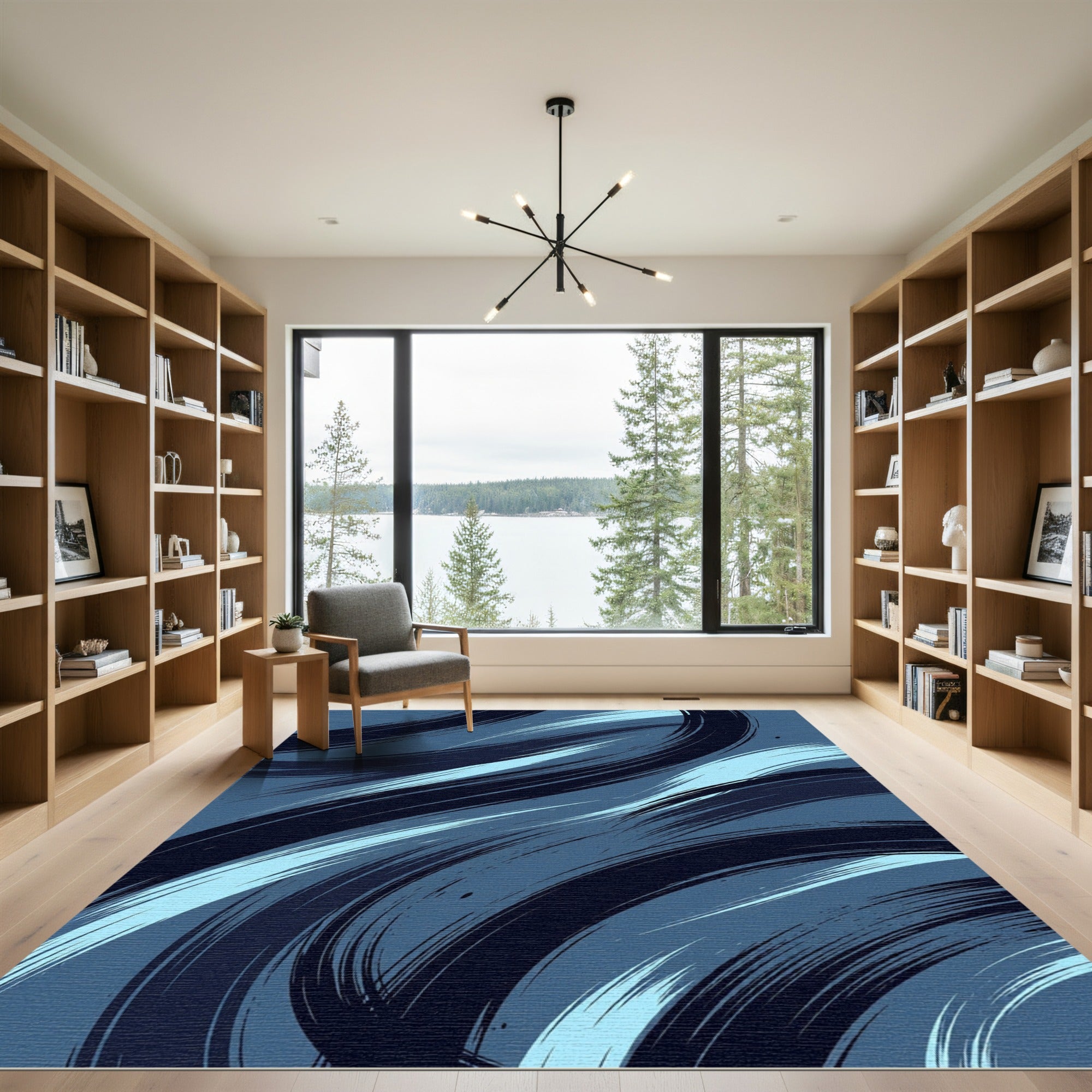 Modern Navy And Sky Blue Swirl Rug
