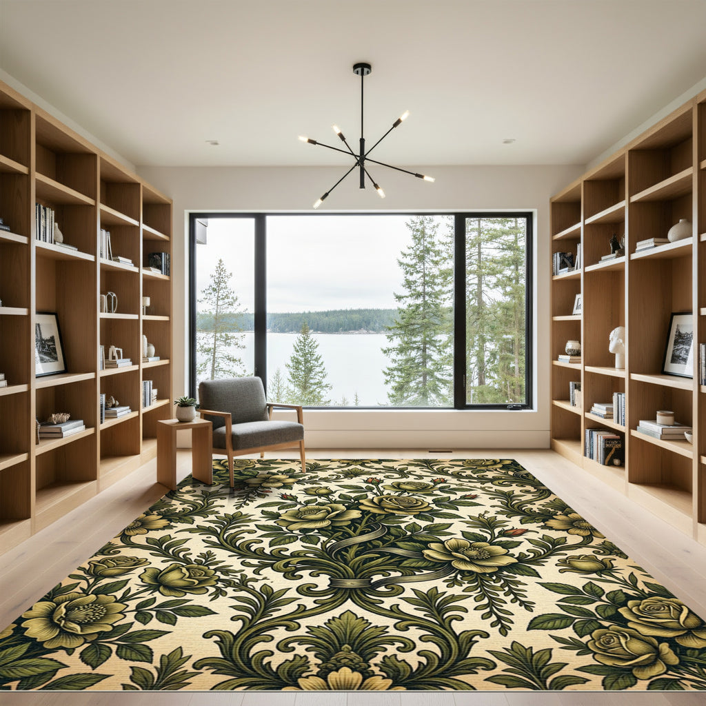 Antique Green Floral Scroll Bouquet Rug