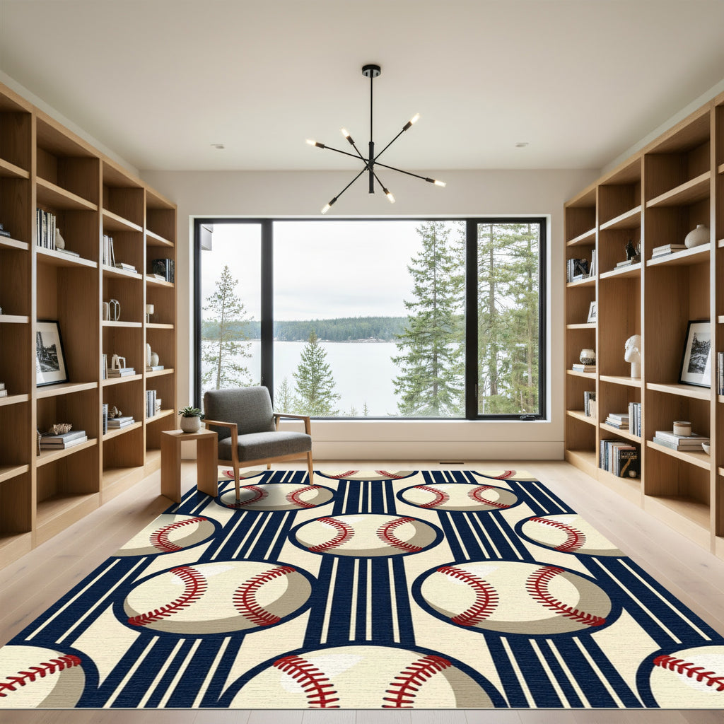 Classic Baseball Graphic Navy Striped Rug