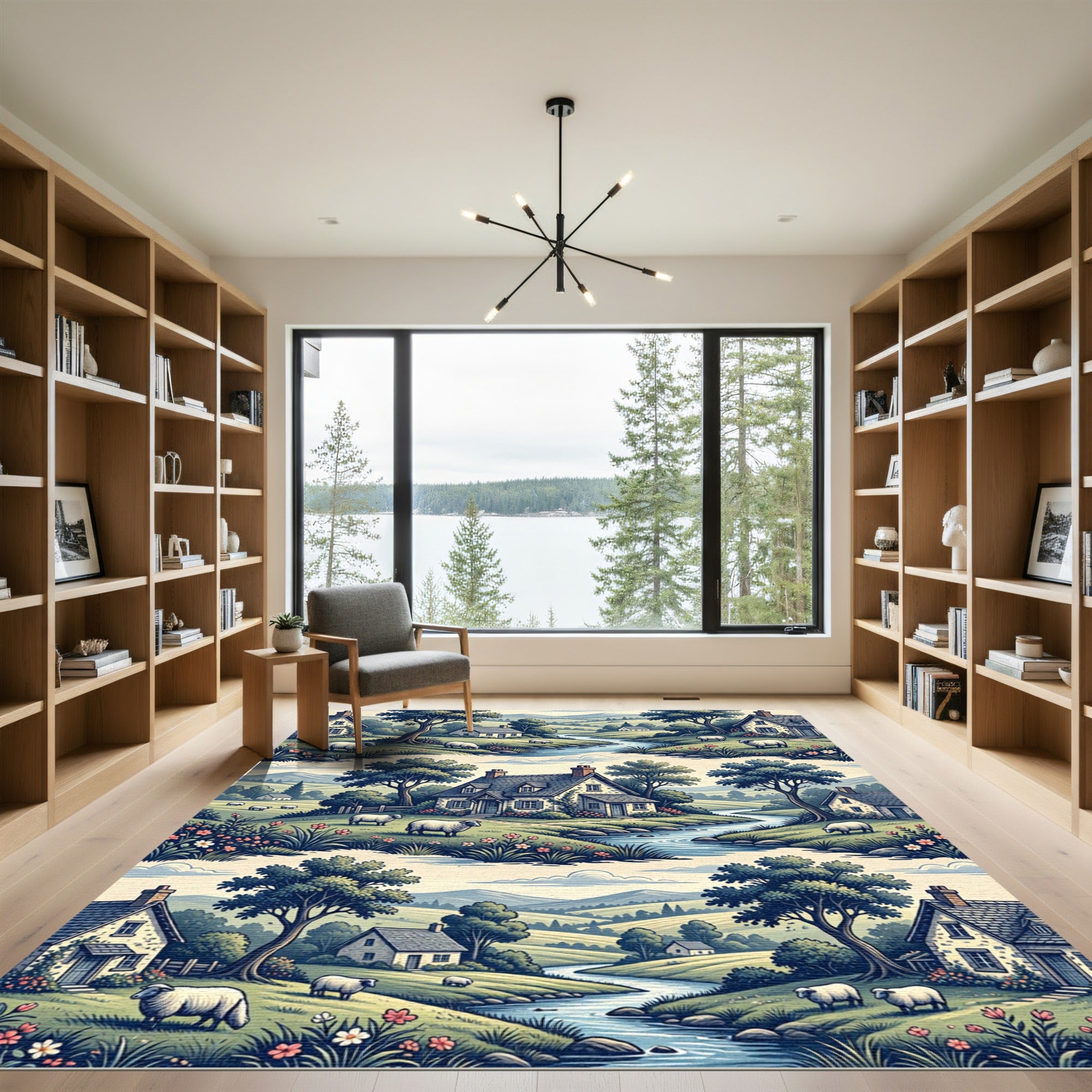 Pastoral Countryside Cottage and Sheep Landscape Rug