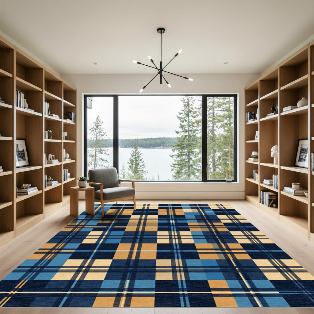 Classic Blue and Gold Plaid Grid Rug