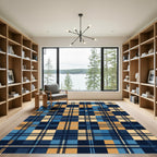 Classic Blue and Gold Plaid Grid Rug