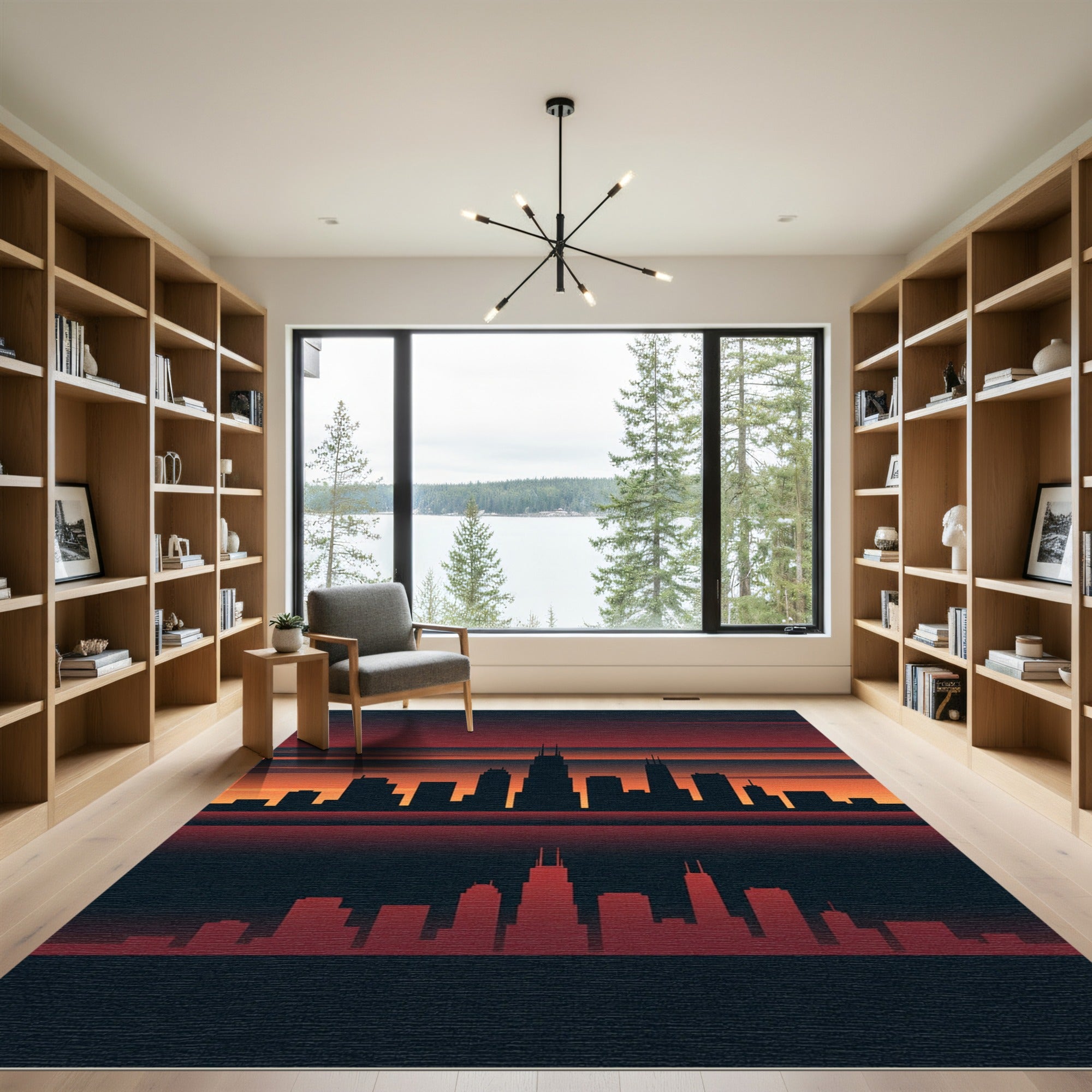 Minimalist Chicago Skyline Sunset Horizon Rug
