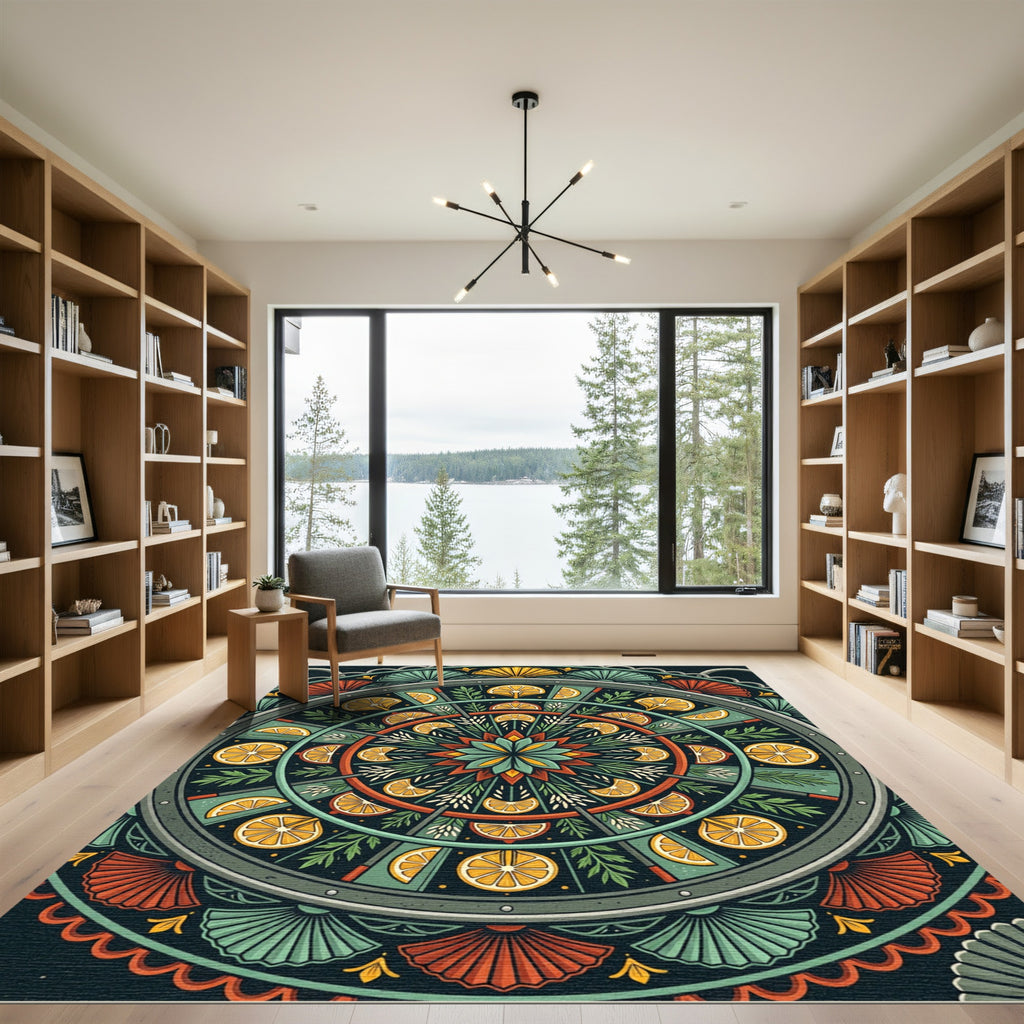 Citrus Medallion Green Red Yellow Folk Art Rug