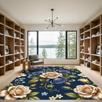 Elegant Navy Cream Rose Floral Bouquet Rug
