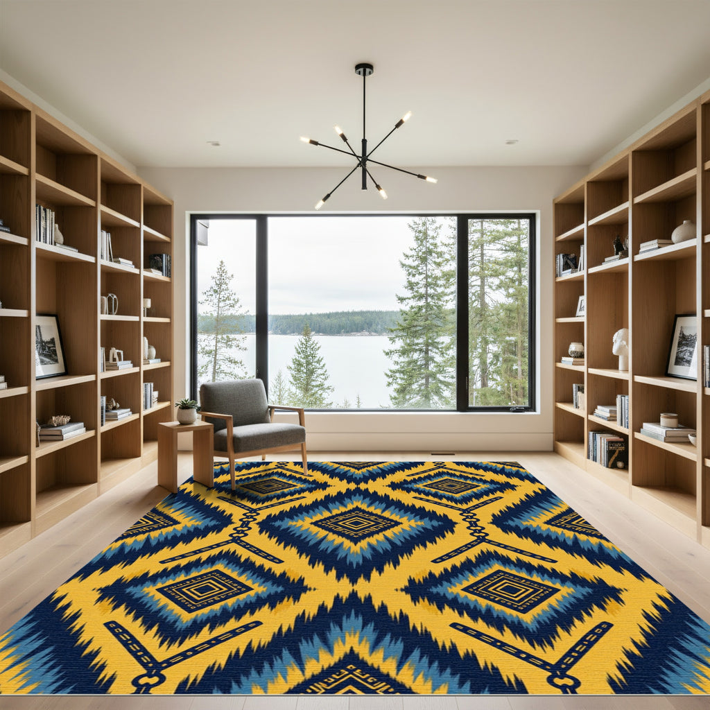 Gold Blue Zigzag Diamond Brocade Rug