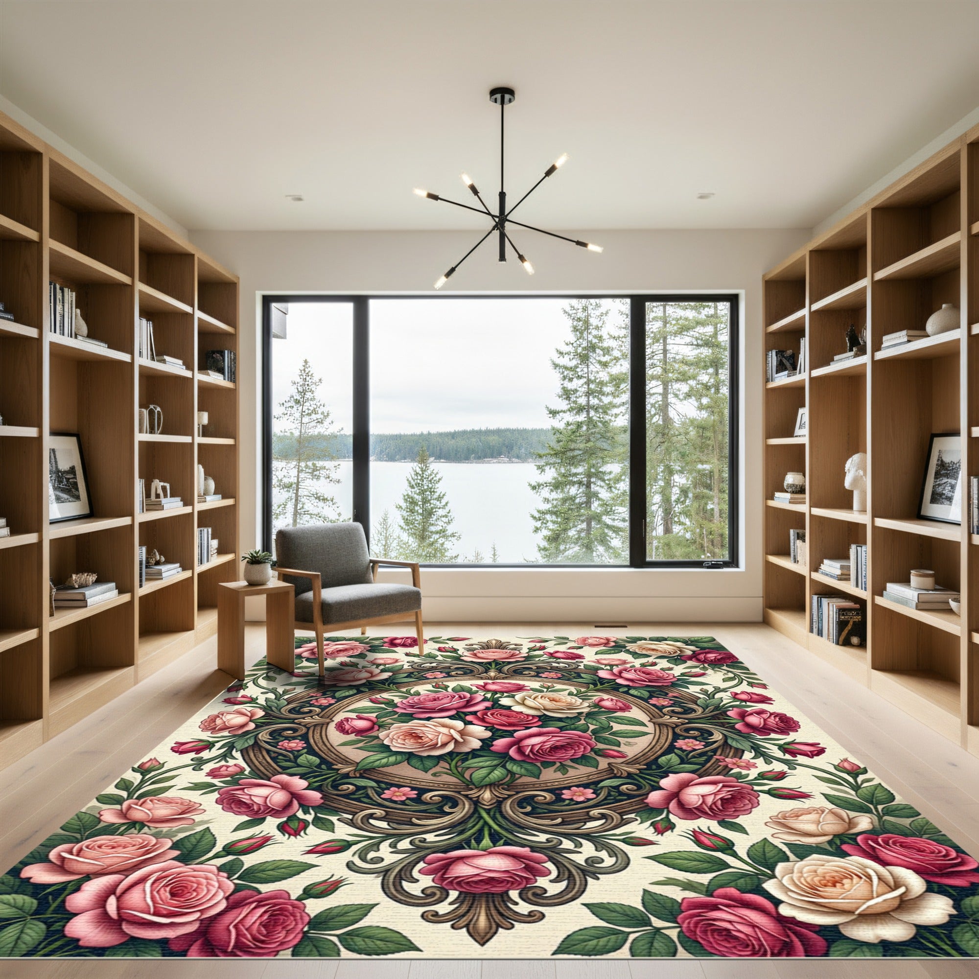 Romantic Pink Rose Filigree Medallion Rug