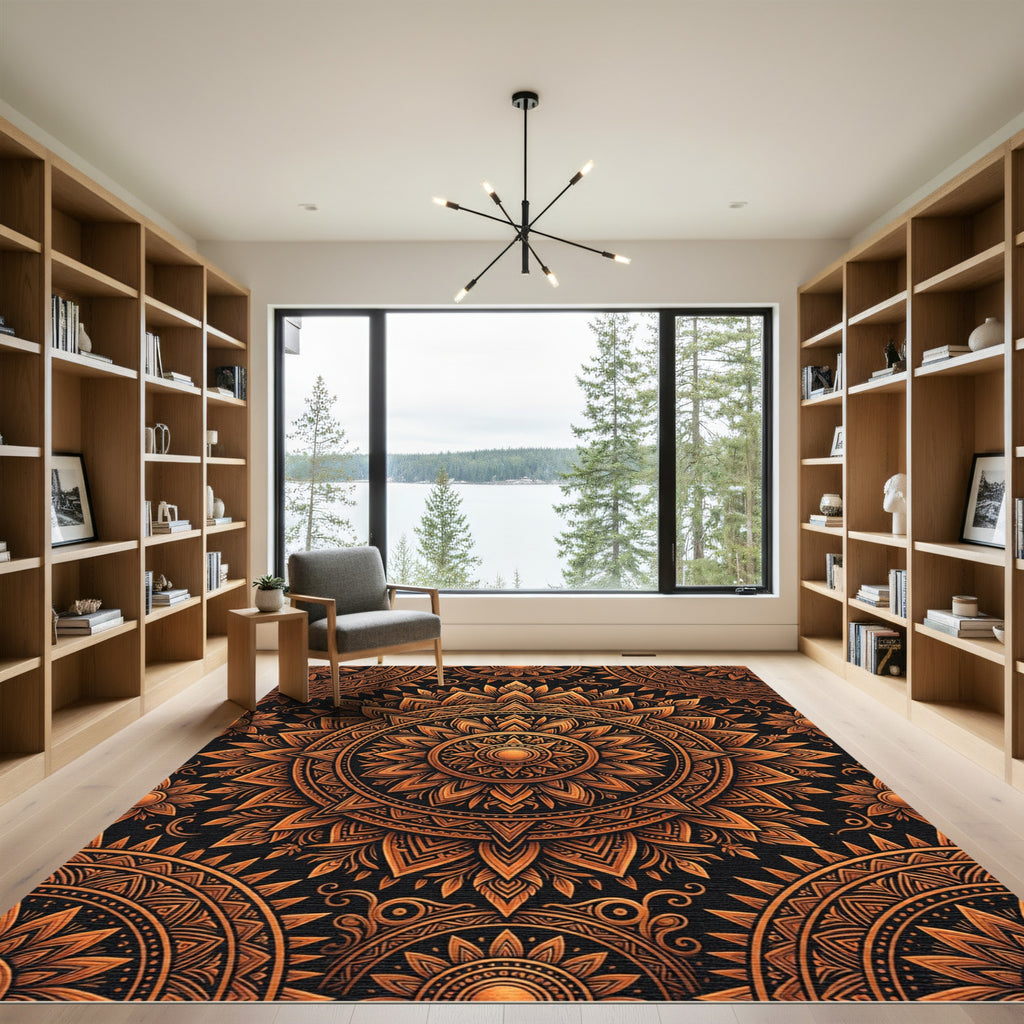 Golden Sunburst Ornate Copper Mandala Rug