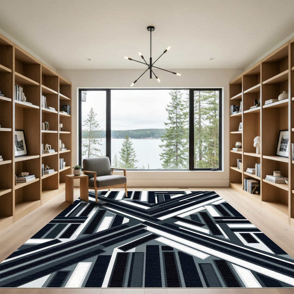 Monochromatic Geometric Overlay Stripes Rug