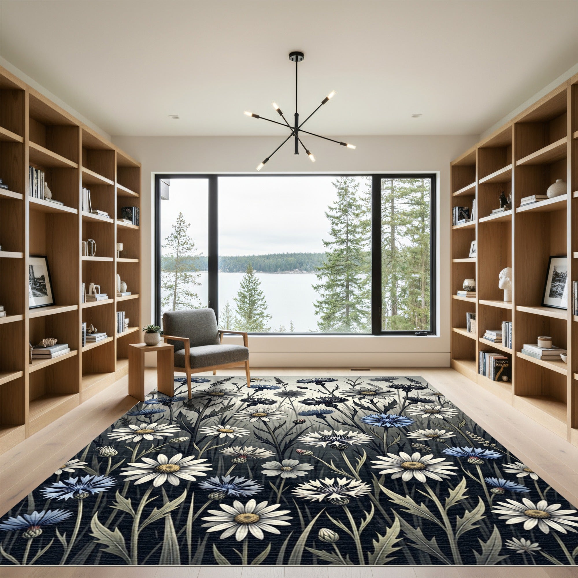 White Blue Wildflower Meadow Composition Rug