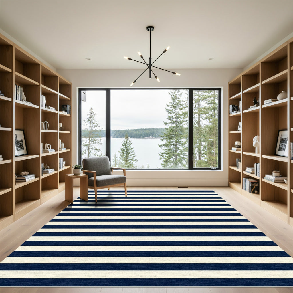 Classic Navy Blue and Cream Striped Rug