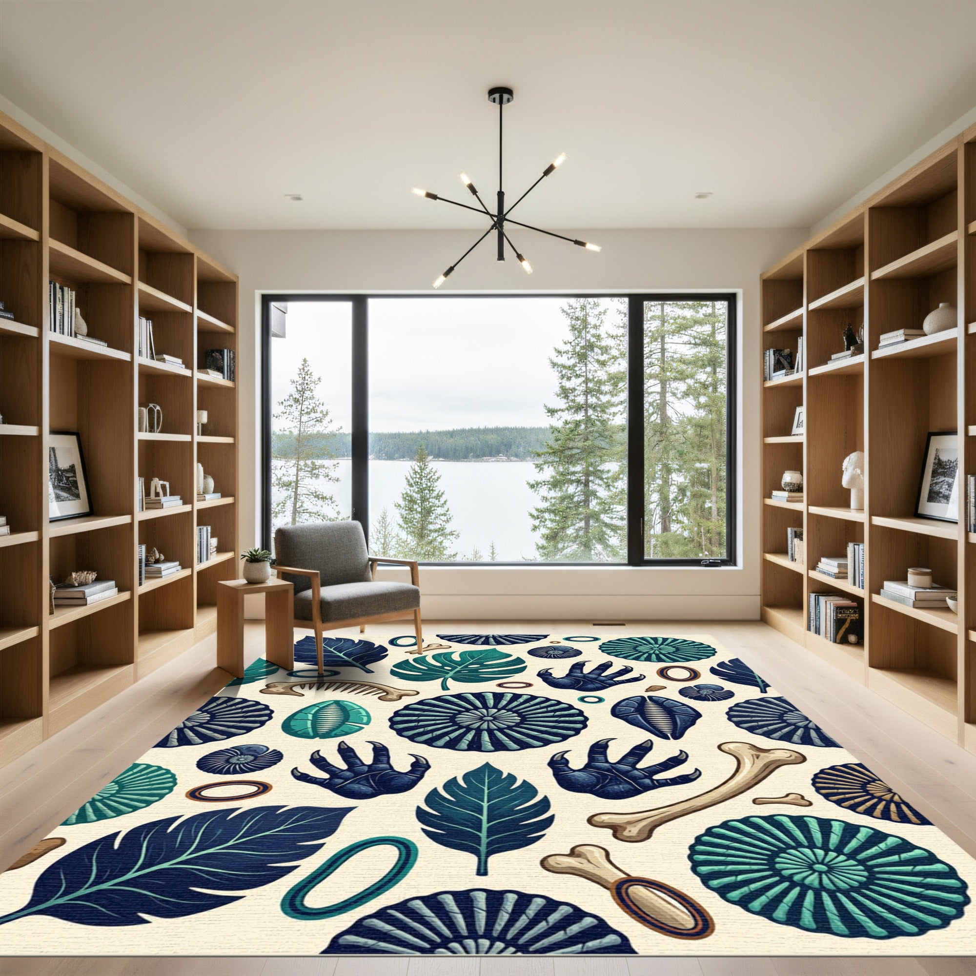 Dark Teal Fossil and Leaf Botanical Rug