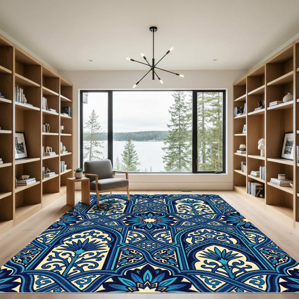 Deep Blue Intricate Floral Arch Rug