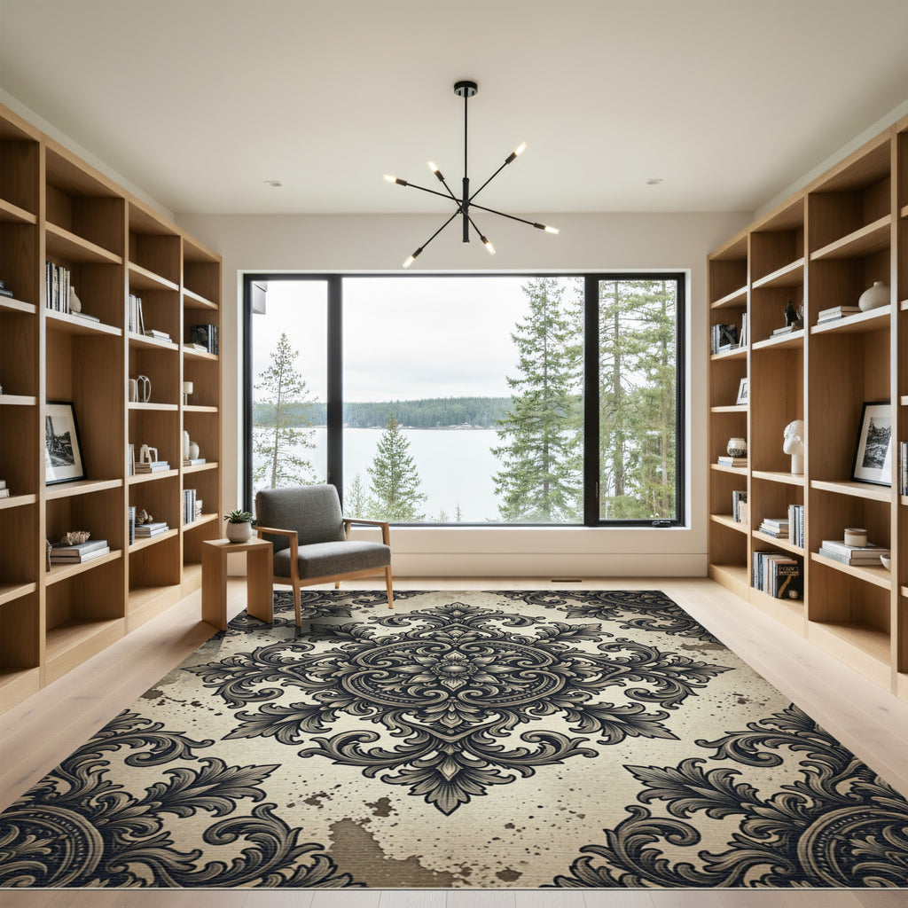 Ornate Charcoal Floral Damask Medallion Rug
