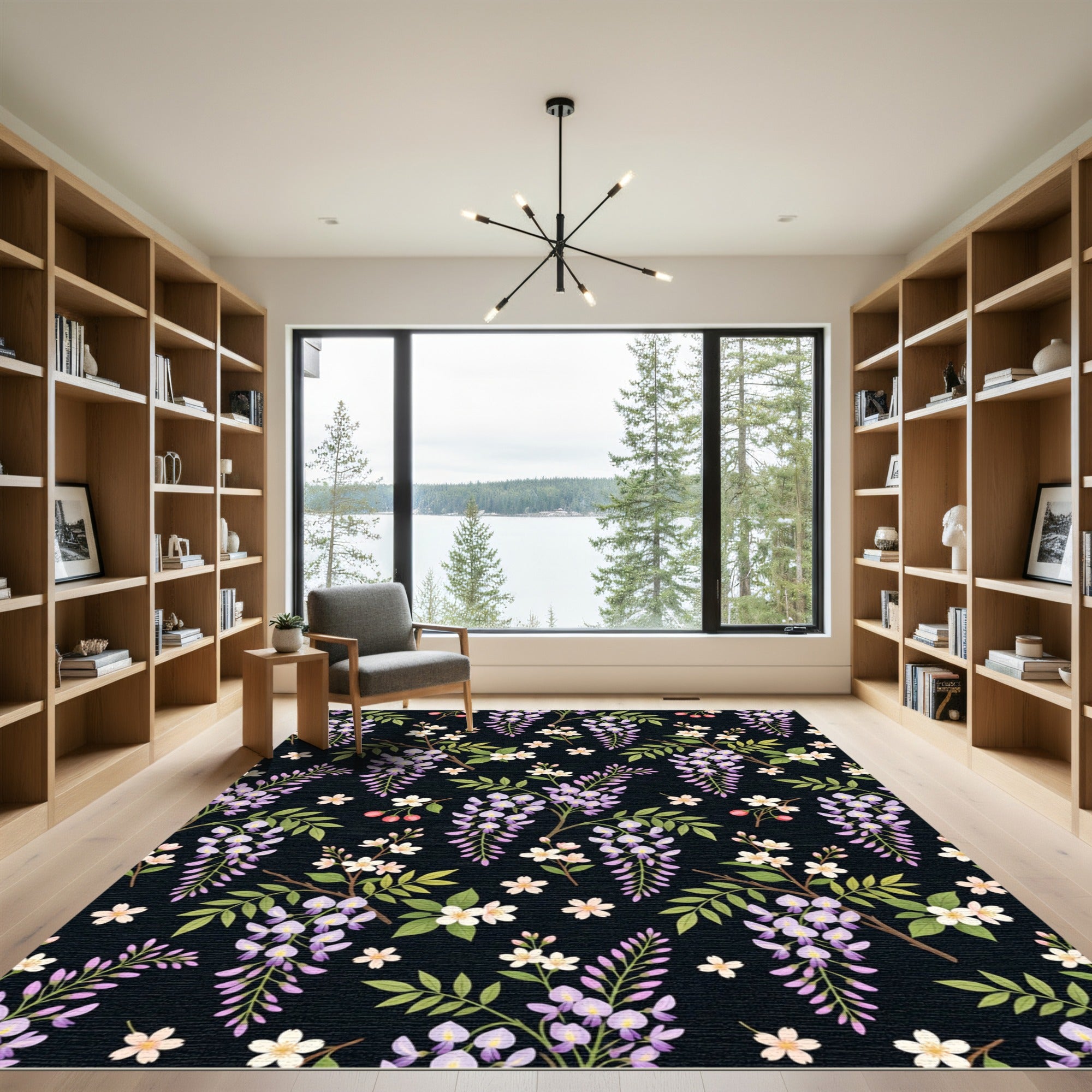 Floral Wisteria Bloom Dark Background Rug