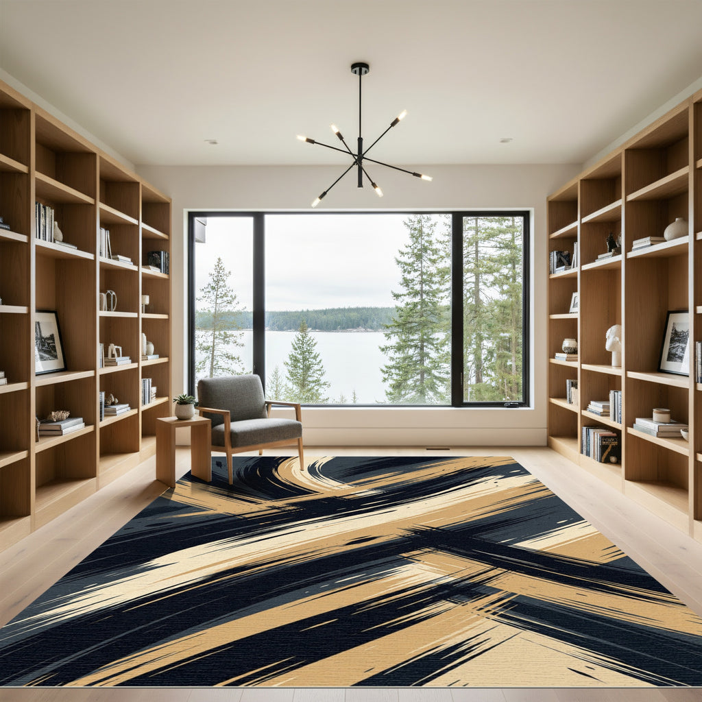 Golden Sweep Abstract Black Brushstrokes Rug