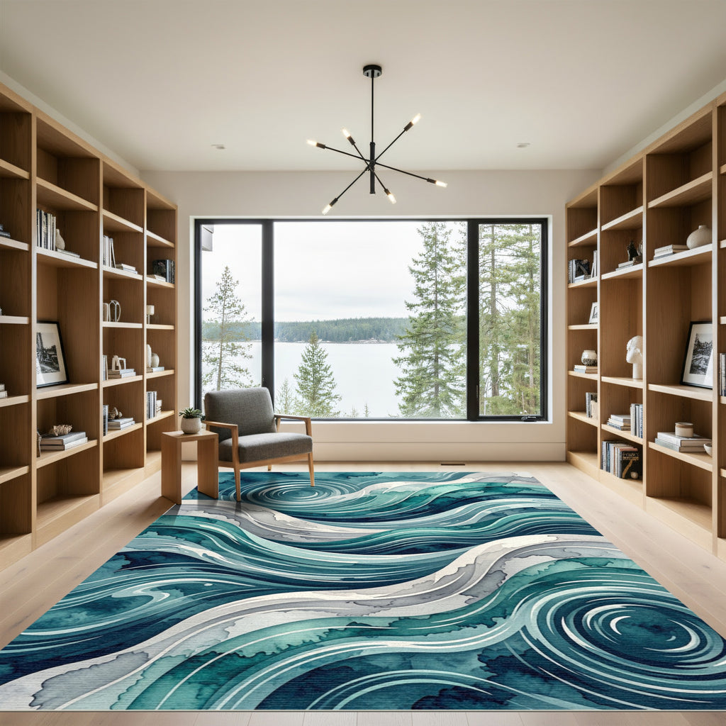 Deep Teal Swirling Water Abstract Rug