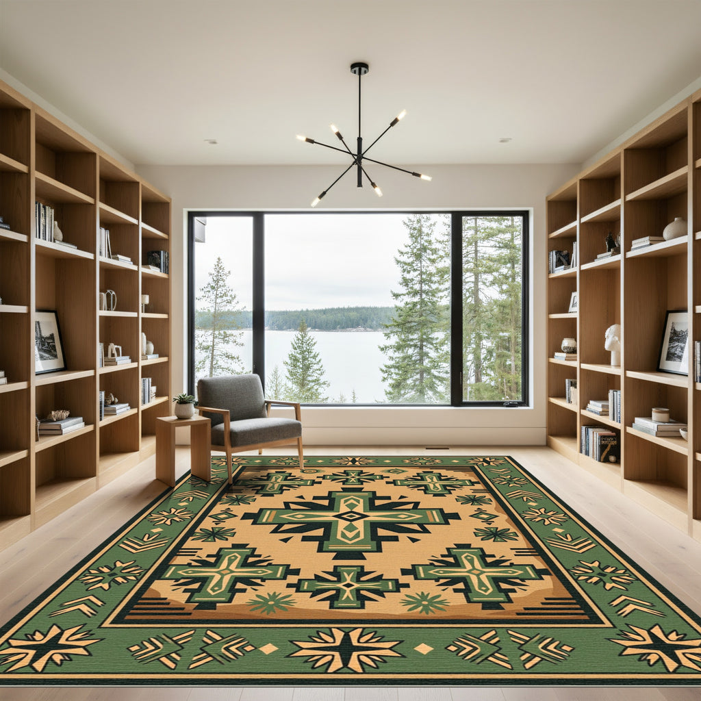 Terracotta Green Geometric Cross Rug