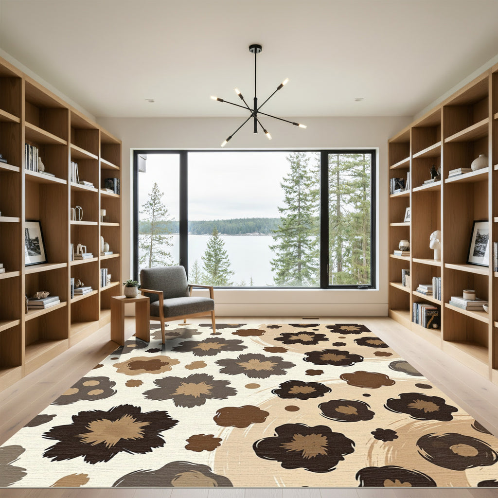 Earthy Brown Floral Burst Arrangement Rug