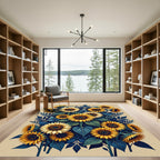 Golden Sunflower Bouquet on Navy Foliage Rug