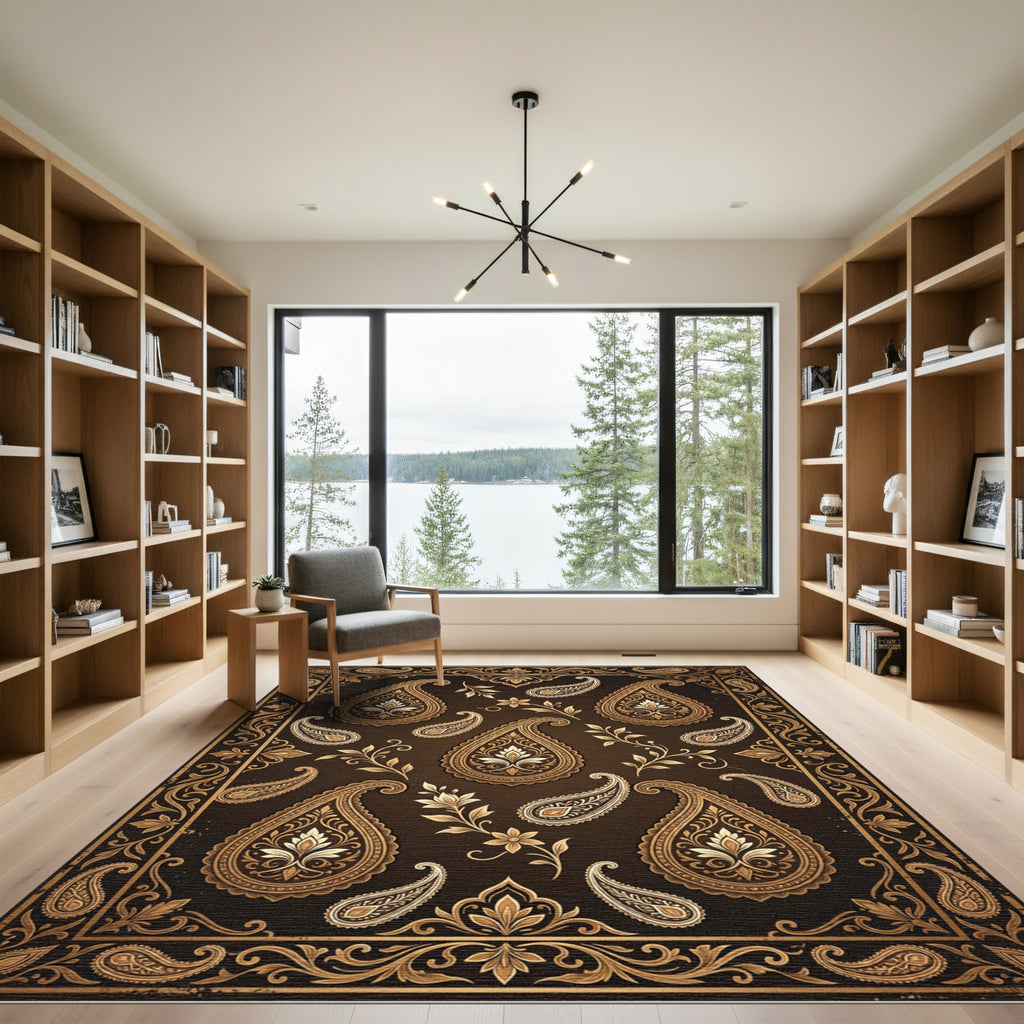 Golden Floral Paisley Swirl Rug