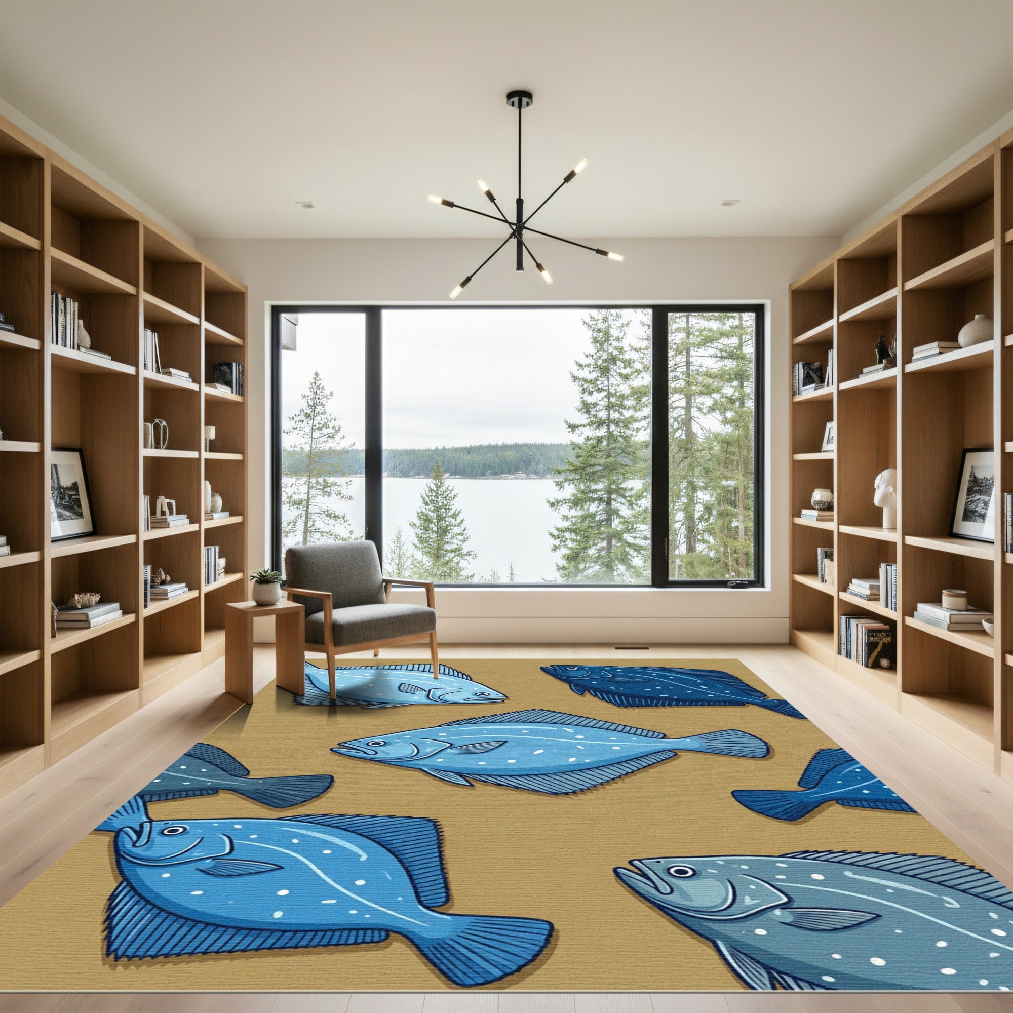 Blue Flatfish School Aquatic Illustration Rug