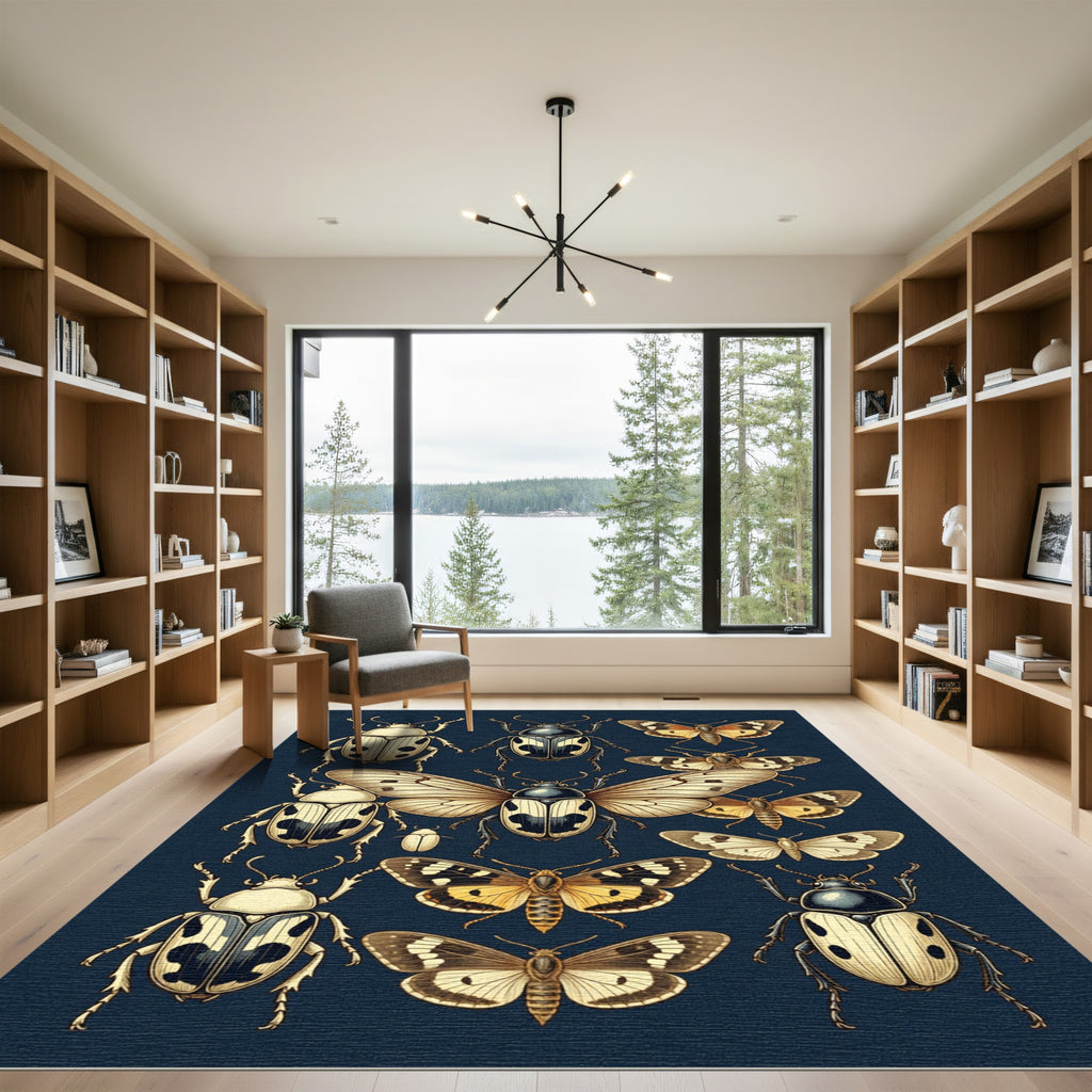 Dark Navy Vintage Entomology Insect Collection Rug