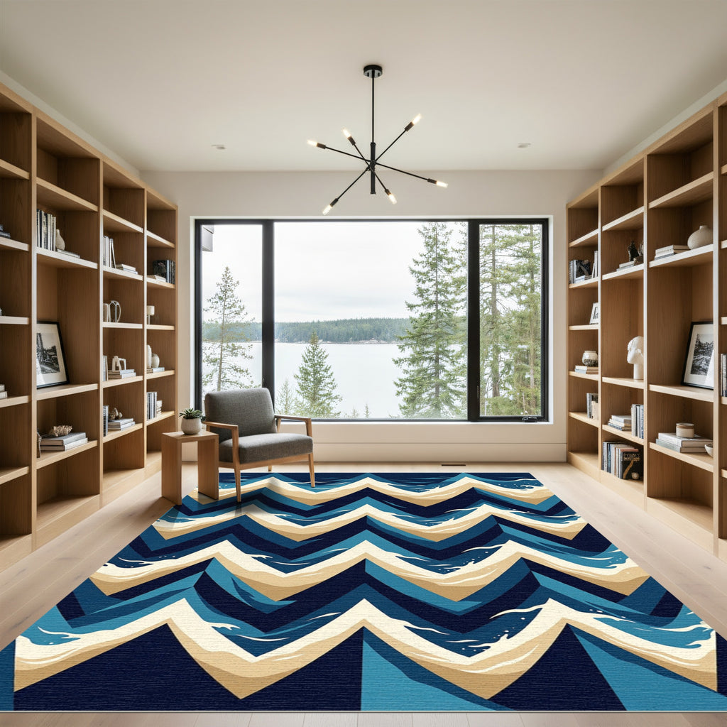 Navy and Beige Geometric Sea Wave Rug