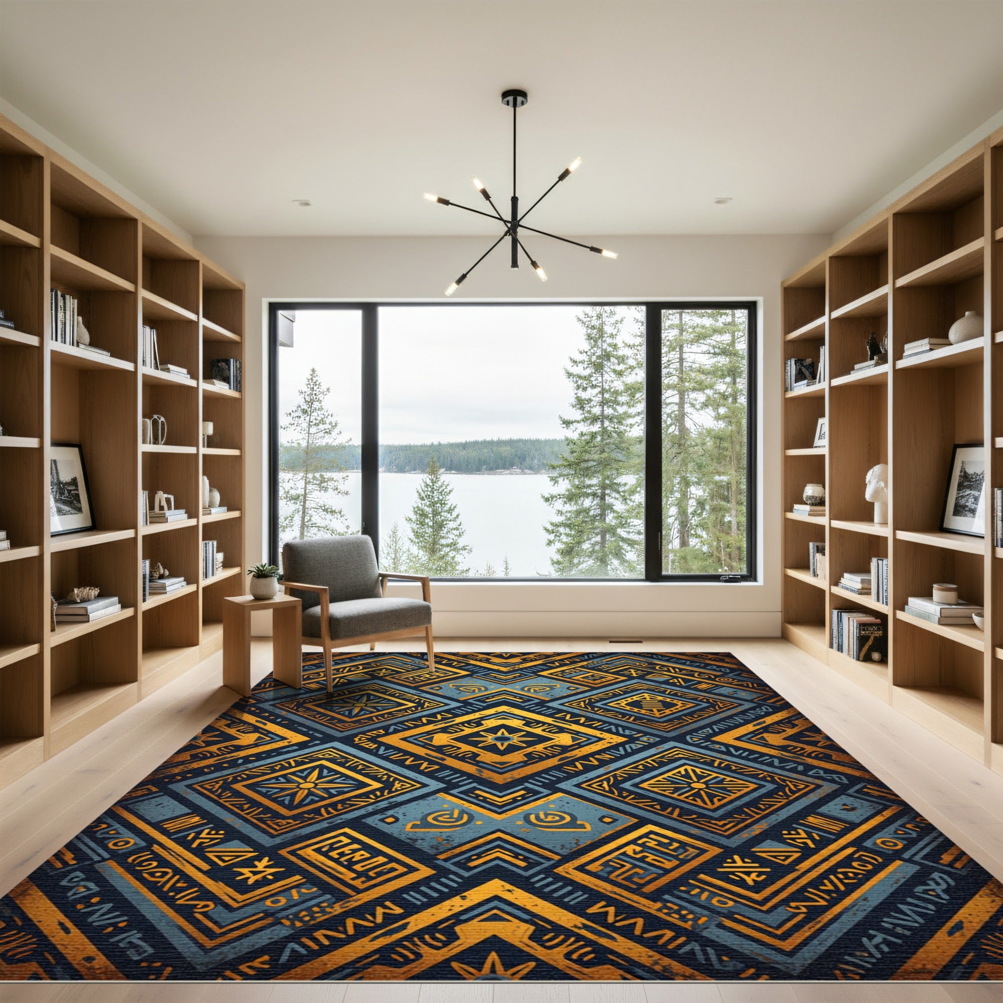 Gold Blue Ethnic Geometric Diamonds Rug