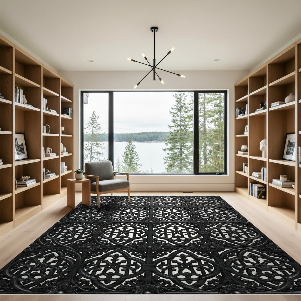 Black Ornate Gothic Scroll Medallion Rug