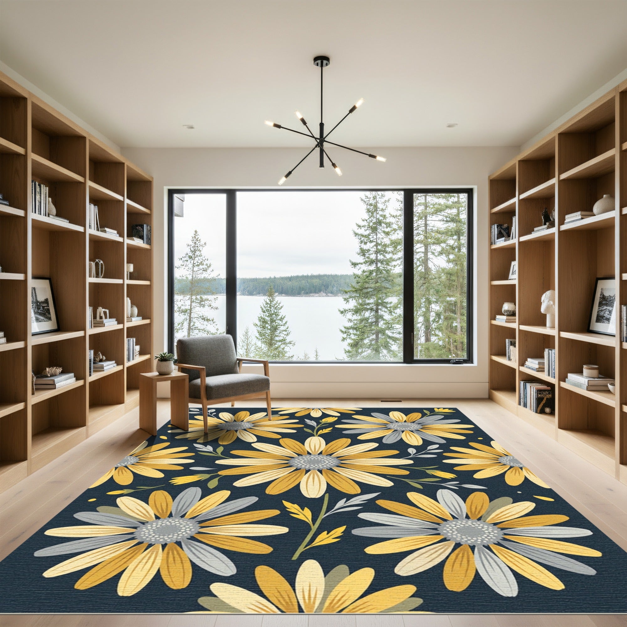 Golden Daisy Floral Navy Botanical Rug