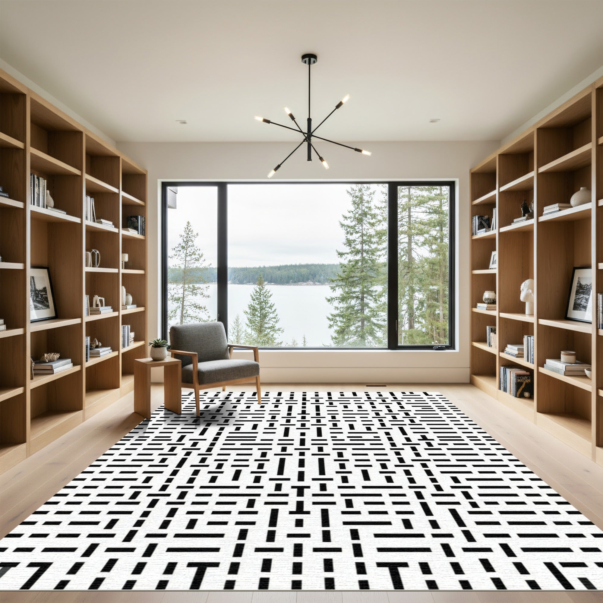 Abstract Black White Line Grid Rug