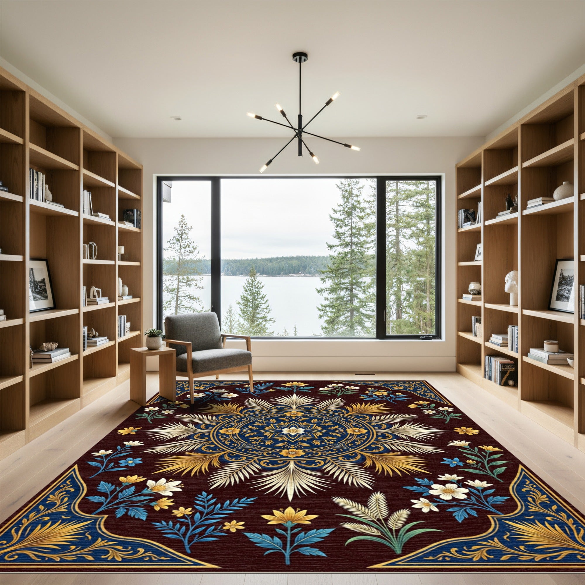 Deep Blue Golden Floral Mandala Design Rug