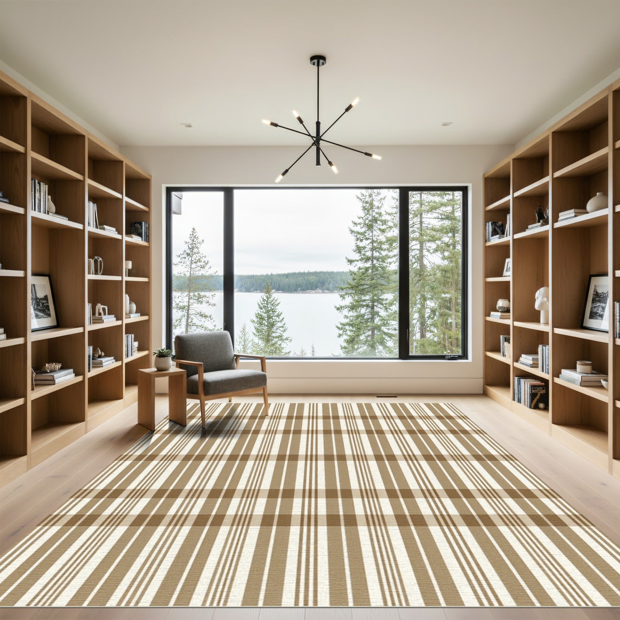 Classic Taupe and Cream Grid Plaid Rug