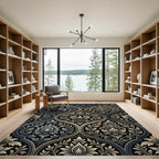 Ornate Black Gray Floral Damask Rug