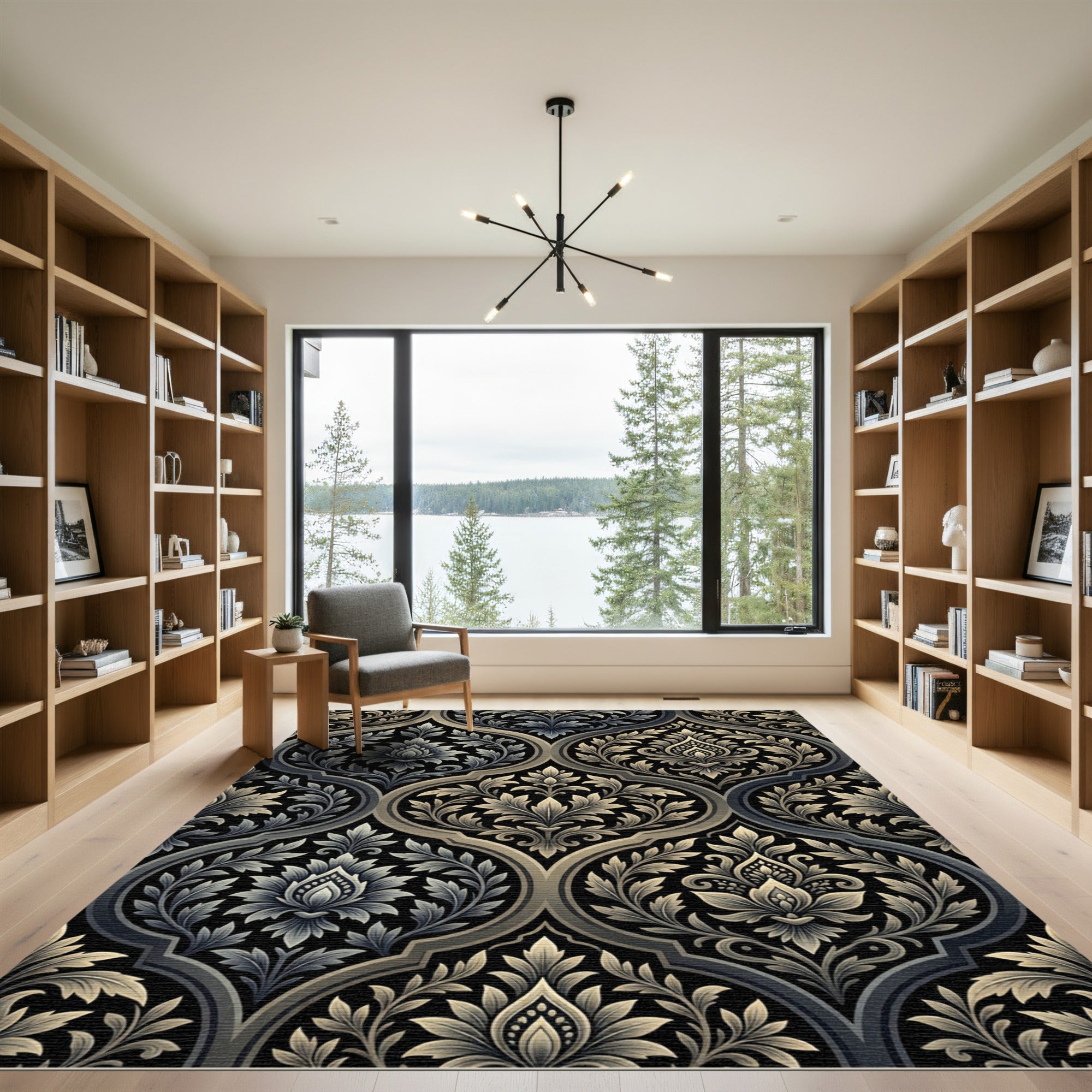 Ornate Black Gray Floral Damask Rug