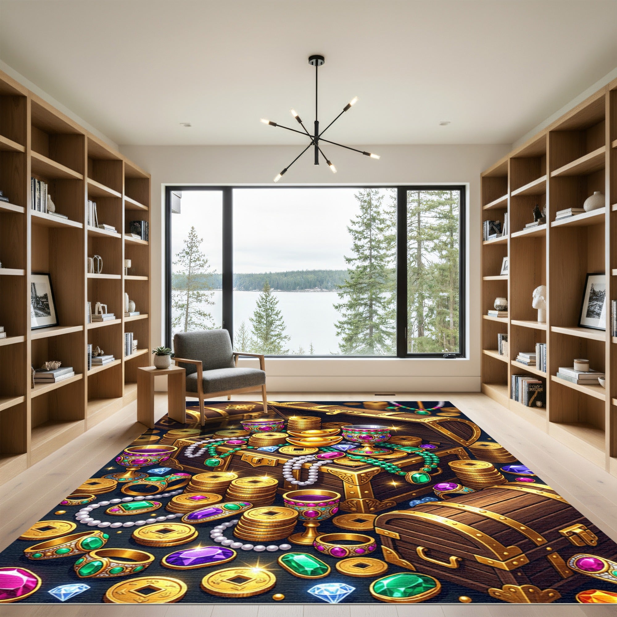 Golden Treasure Chest Opulent Jewel Accents Rug