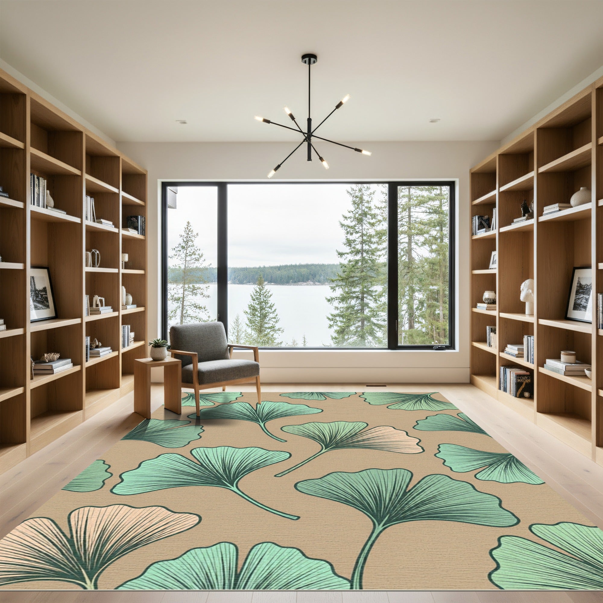 Sage Green Ginkgo Leaf Botanical Illustration Rug