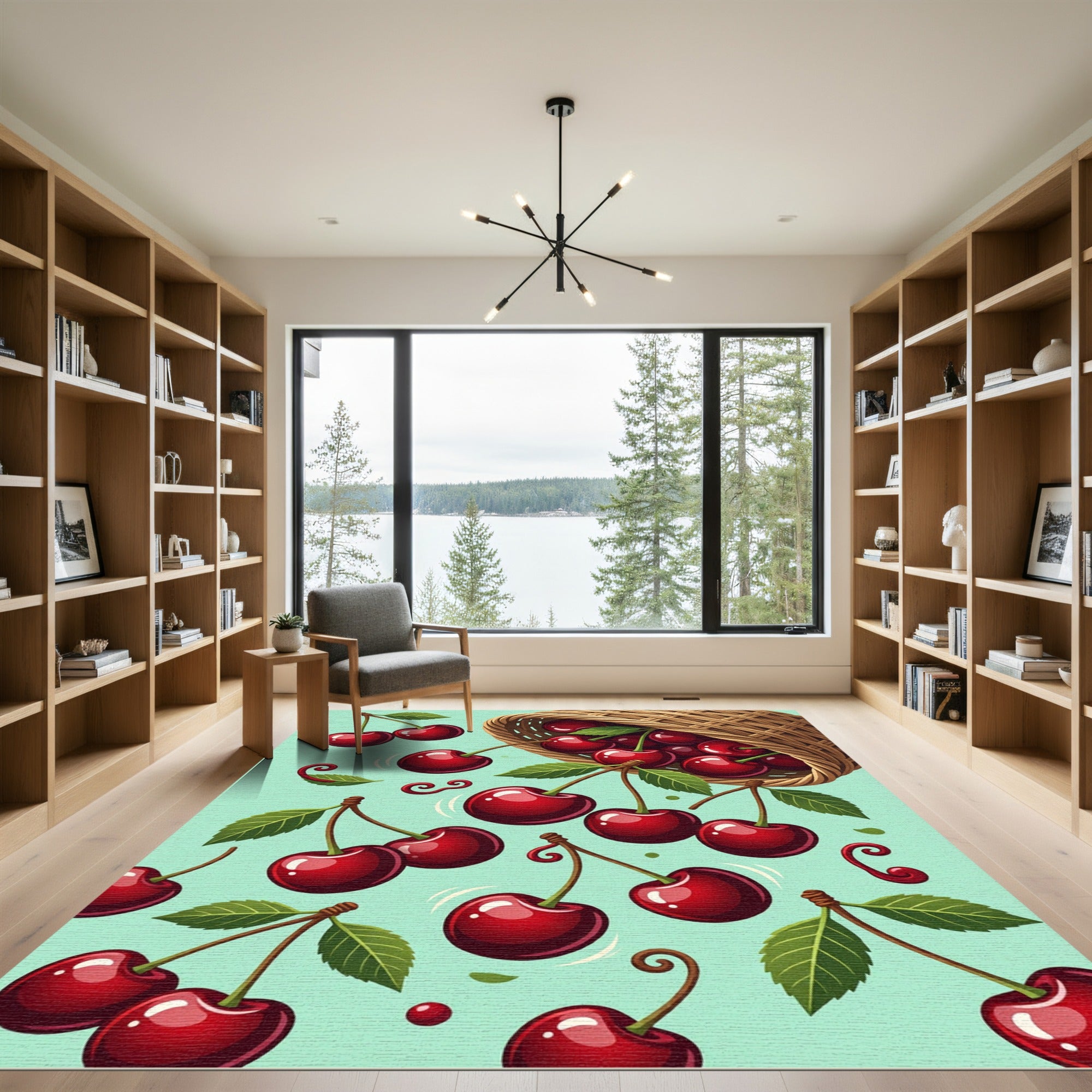 Vibrant Falling Cherry Fruit Illustration Rug